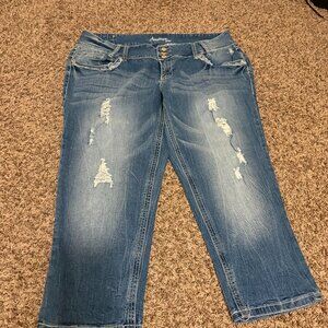 Amethyst Cropped Jeans 18 Medium Blue Denim Embellished Pockets Distressed Zip